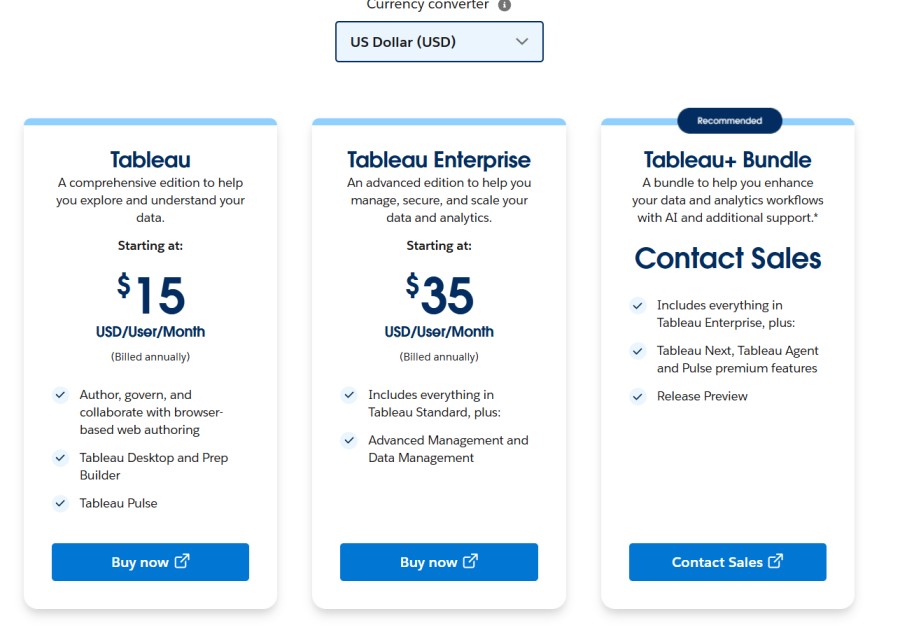 Tableau plan and price